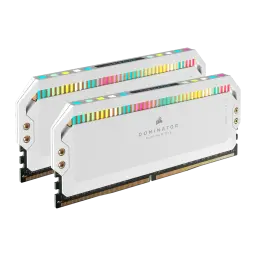 Corsair Dominator Platinum RGB 64GB DDR5 5200MHz Blanco, vista en perspectiva: kit 2x32GB con iluminación RGB multicolor en