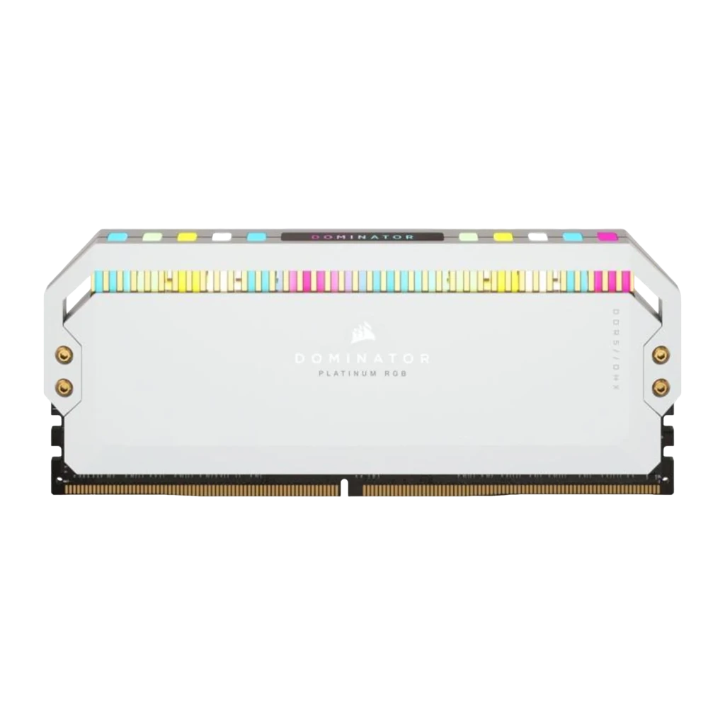 Corsair Dominator Platinum RGB 64GB DDR5 5200MHz Branco, vista em perspectiva: kit 2x32GB com iluminação RGB multicolor no - Item1