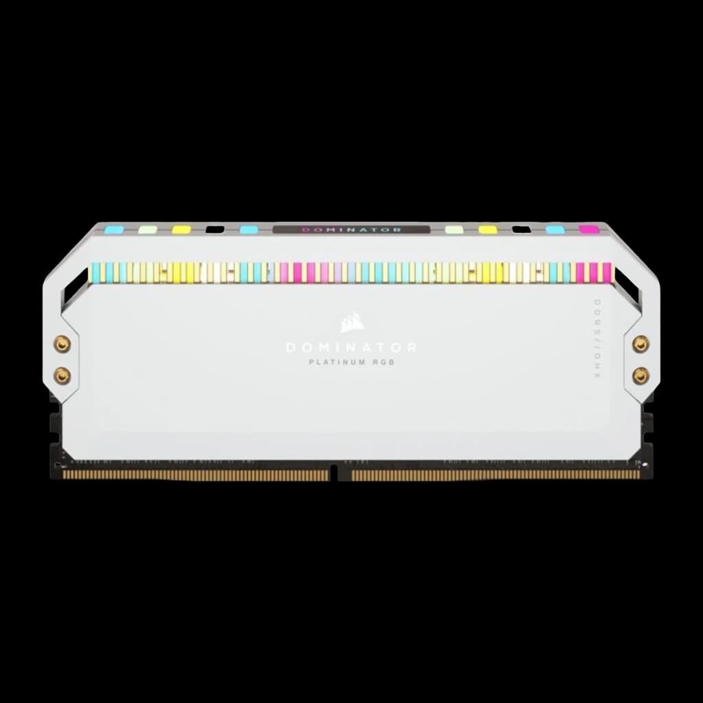 Corsair Dominator Platinum RGB 64GB DDR5 5200MHz Blanco, vista frontal: un módulo 32GB con tira RGB y contactos DDR5 visibles