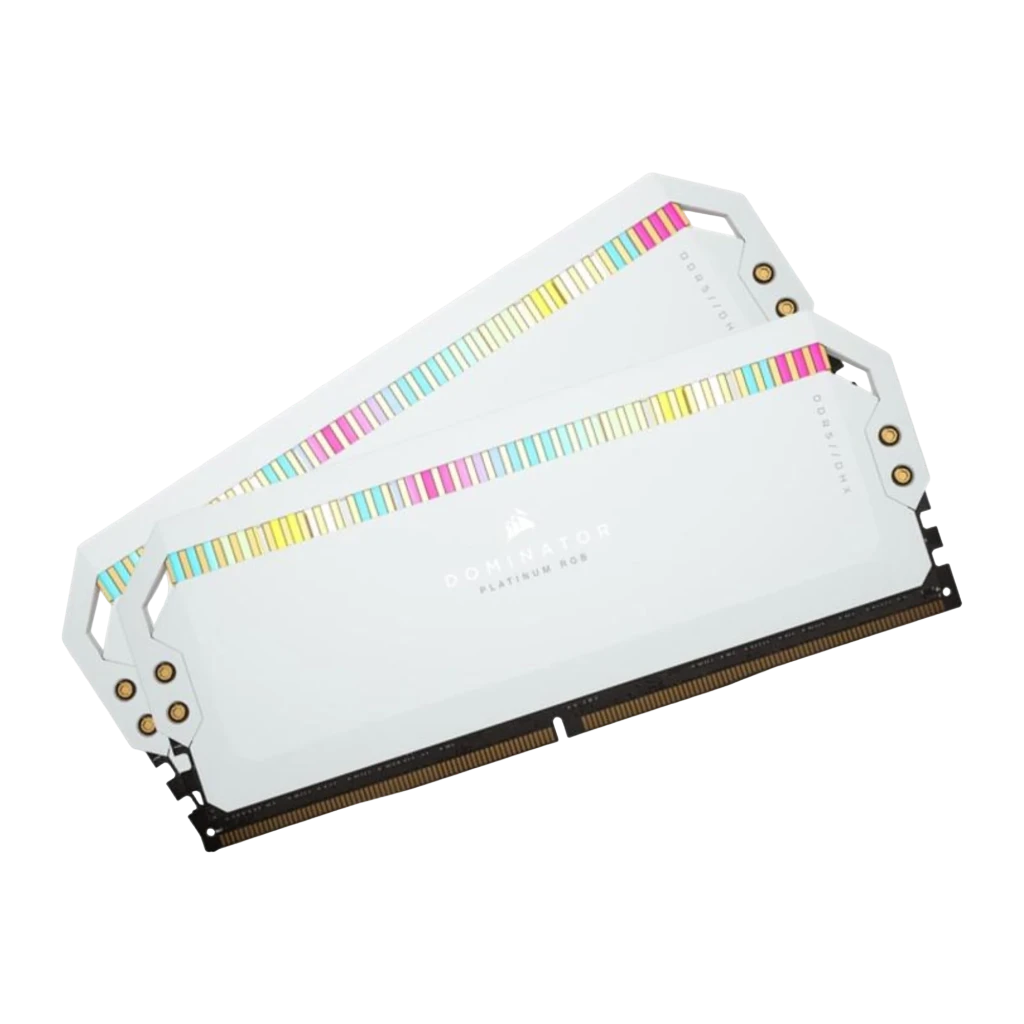 Corsair Dominator Platinum RGB 64GB DDR5 5200MHz Branco, vista em perspectiva: kit 2x32GB com iluminação RGB multicolor no - Item2