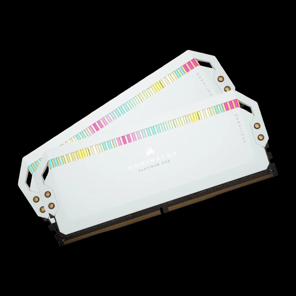Corsair Dominator Platinum RGB 64GB DDR5 5200MHz Blanco, vista diagonal inclinada: kit 2x32GB mostrando parte trasera y tira