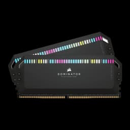 Corsair Dominator Platinum RGB 64GB DDR5 negro, vista frontal: 2 módulos apilados en diagonal con iluminación RGB multicolor