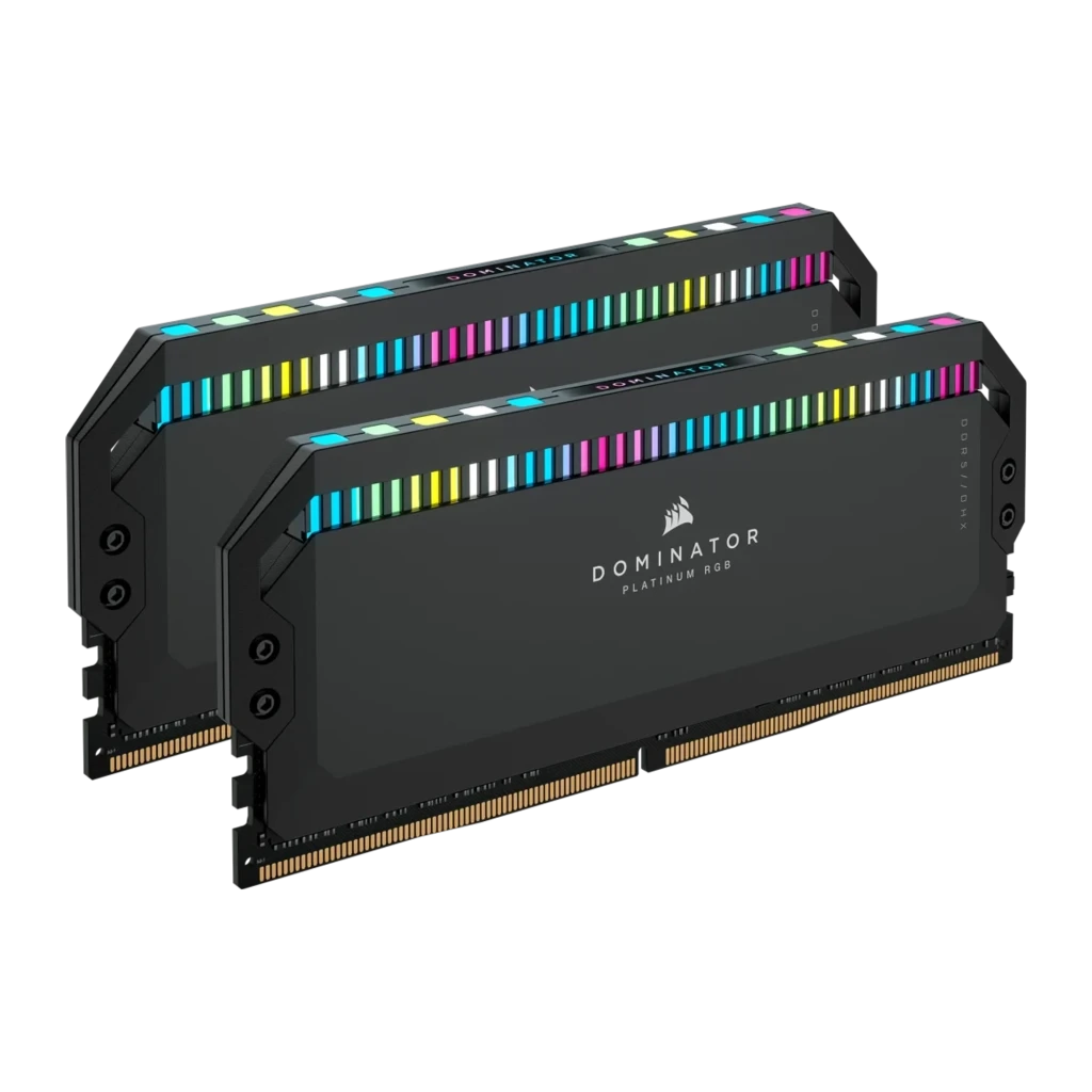 Corsair Dominator Platinum RGB 64GB DDR5 preto, vista frontal: 2 módulos empilhados na diagonal com tira de iluminação RGB - Item1