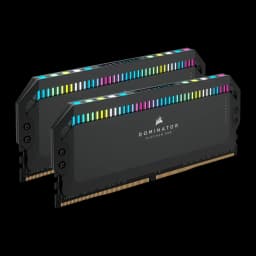 Corsair Dominator Platinum RGB 64GB DDR5 negro, vista en ángulo: 2 módulos en paralelo mostrando lateral y tira RGB