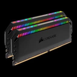 Corsair Dominator Platinum RGB 16GB negro, vista frontal: 2 módulos DDR4 en ángulo, iluminación RGB multicolor en la tira