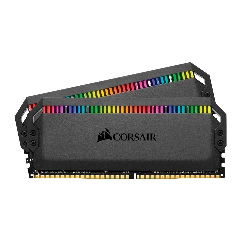 Corsair Dominator Platinum RGB 16GB noir, vue avant: 2 modules DDR4 en angle, éclairage RGB multicolore sur la barre - Ítem1