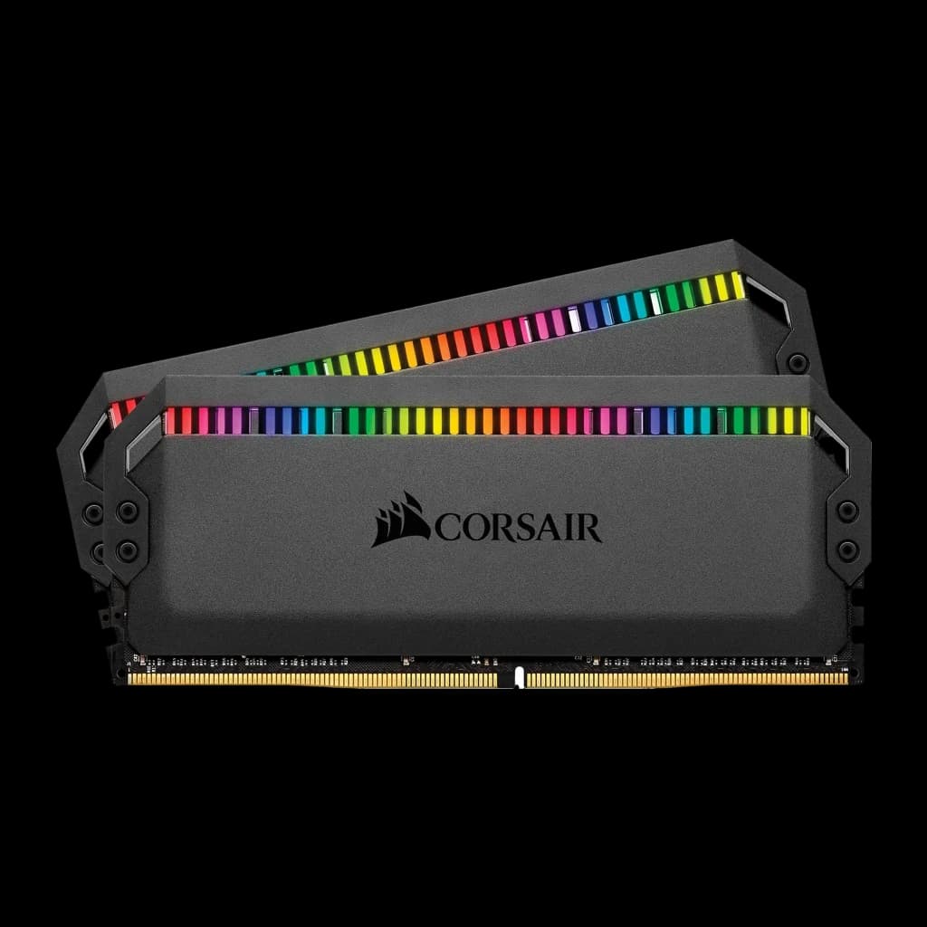 Corsair Dominator Platinum RGB 16GB negro, vista frontal plana: 2 módulos DDR4 paralelos, tira RGB encendida y conector