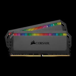 Corsair Dominator Platinum RGB 16GB negro, vista frontal plana: 2 módulos DDR4 paralelos, tira RGB encendida y conector