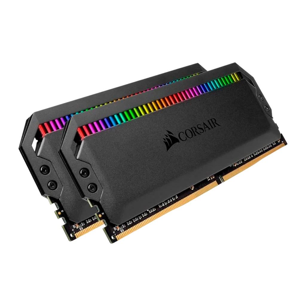 Corsair Dominator Platinum RGB 16GB noir, vue avant: 2 modules DDR4 en angle, éclairage RGB multicolore sur la barre - Ítem2