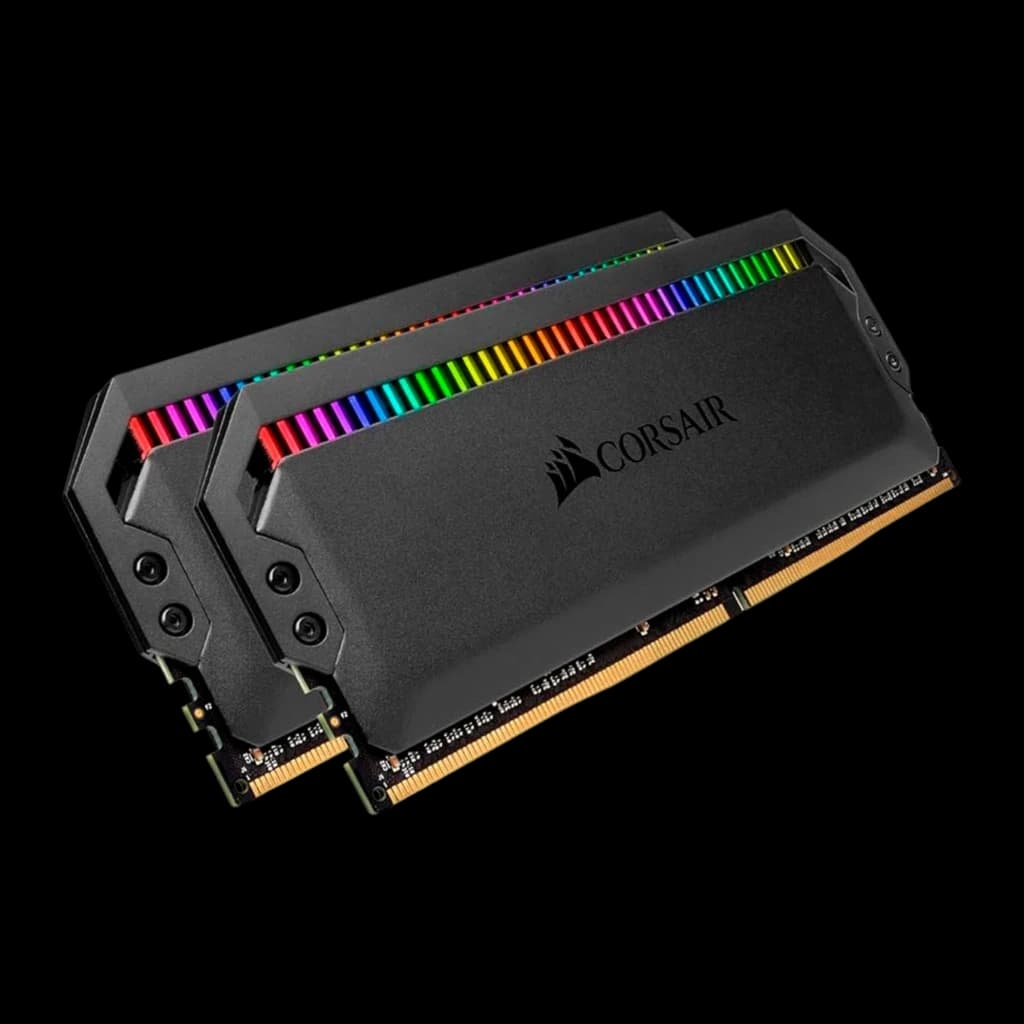 Corsair Dominator Platinum RGB 16GB negro, vista lateral derecha: 2 módulos DDR4 en ángulo, lateral del disipador y