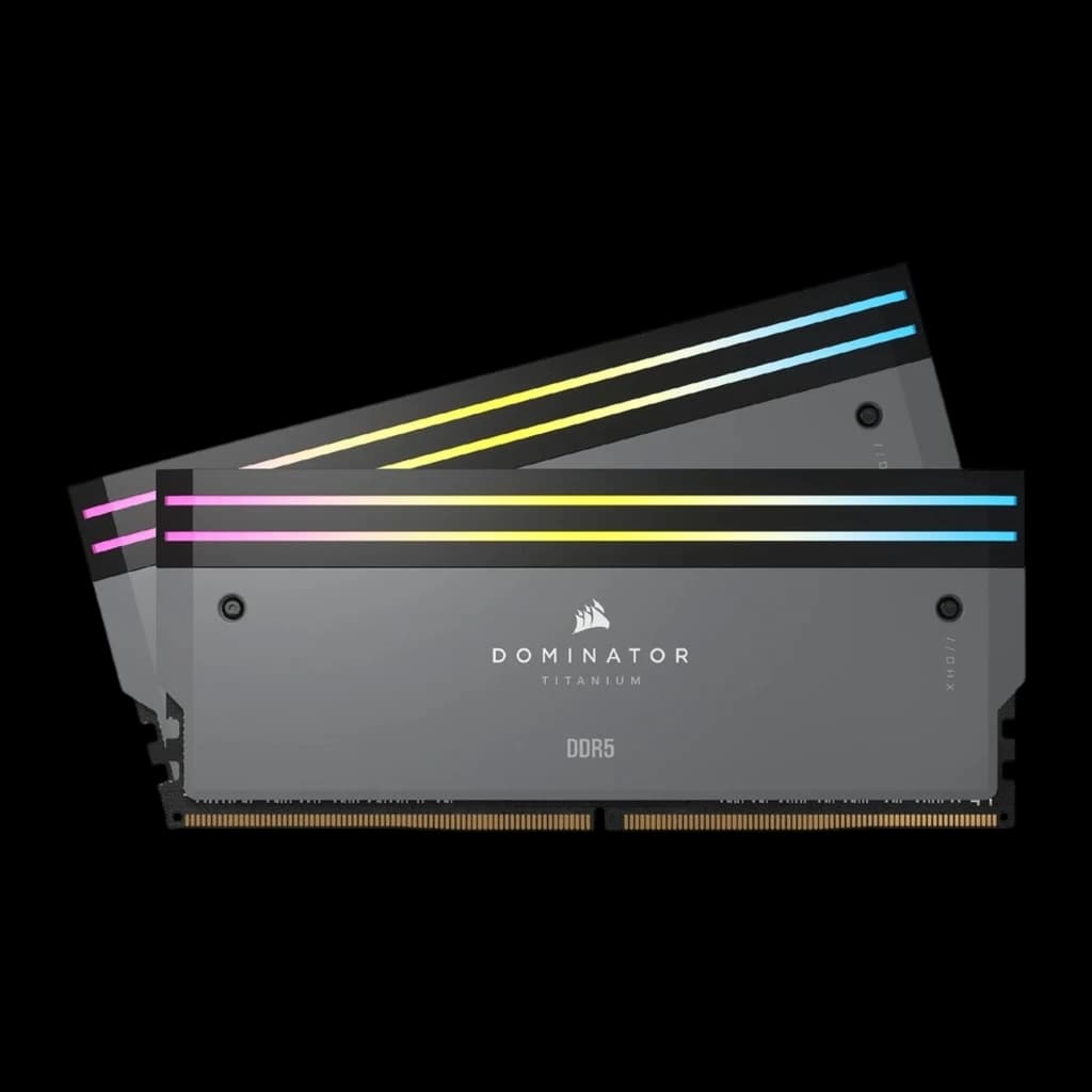 Corsair Dominator Titanium 32GB DDR5 6000MHz gris, vista frontal: 2 módulos apilados con iluminación RGB multicolor en la