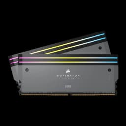 Corsair Dominator Titanium 32GB DDR5 6000MHz gris, vista frontal: 2 módulos apilados con iluminación RGB multicolor en la
