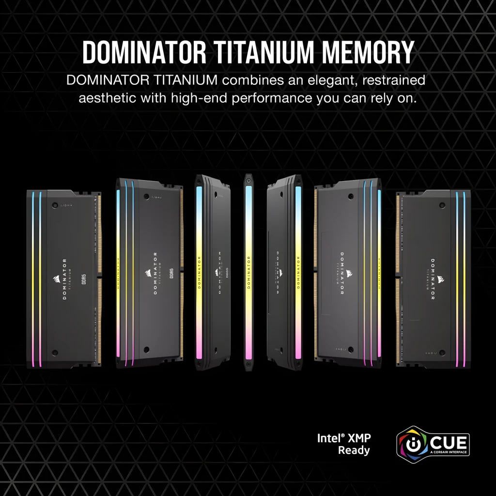 Corsair Dominator Titanium 32GB DDR5 6400MHz gris, vista frontal y superior: dos módulos con iluminación RGB y texto DDR5 - Ítem1
