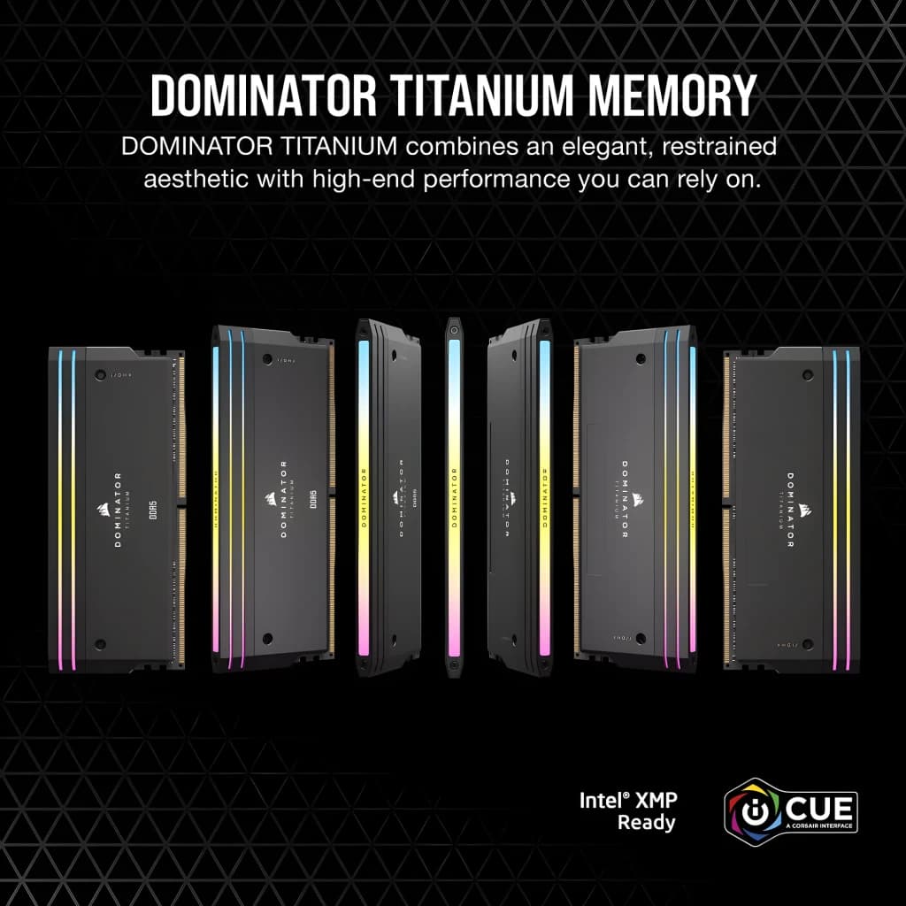Corsair Dominator Titanium 32GB gris DDR5 6400MHz, múltiples ángulos: 6 módulos con iluminación RGB y disipador metálico