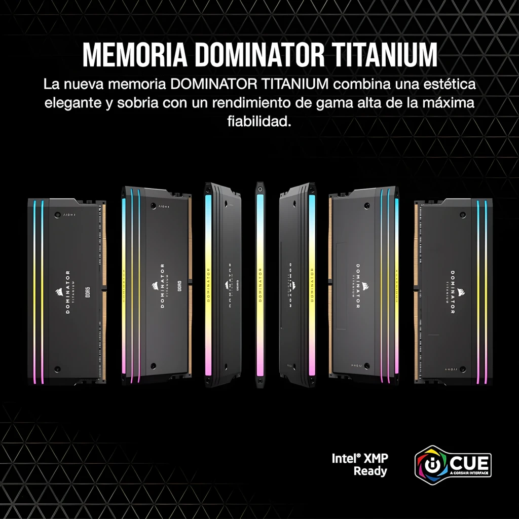 Corsair Dominator Titanium 32GB DDR5 6400MHz gris, vista frontal y superior: dos módulos con iluminación RGB y texto DDR5 - Ítem2