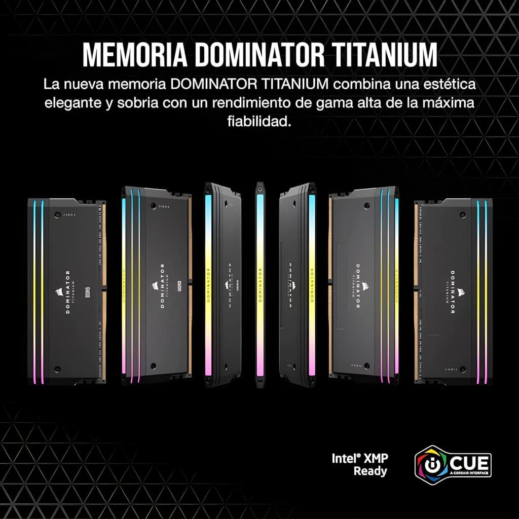 Corsair Dominator Titanium 32GB gris DDR5 6400MHz, múltiples ángulos: 6 módulos con iluminación RGB y disipador negro