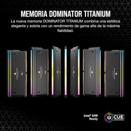 Corsair Dominator Titanium 32GB gris DDR5 6400MHz, múltiples ángulos: 6 módulos con iluminación RGB y disipador negro