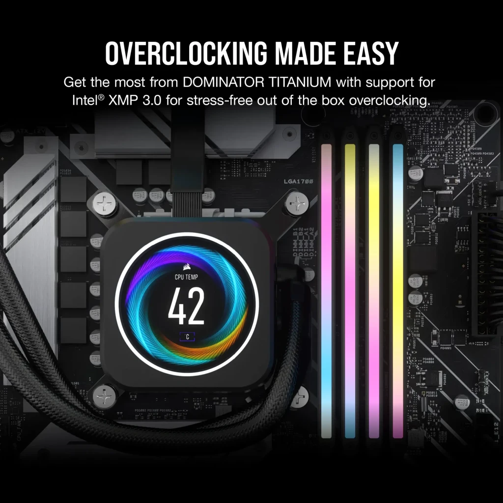 Corsair Dominator Titanium 32GB DDR5 6400MHz gris, vista frontal y superior: dos módulos con iluminación RGB y texto DDR5 - Ítem3
