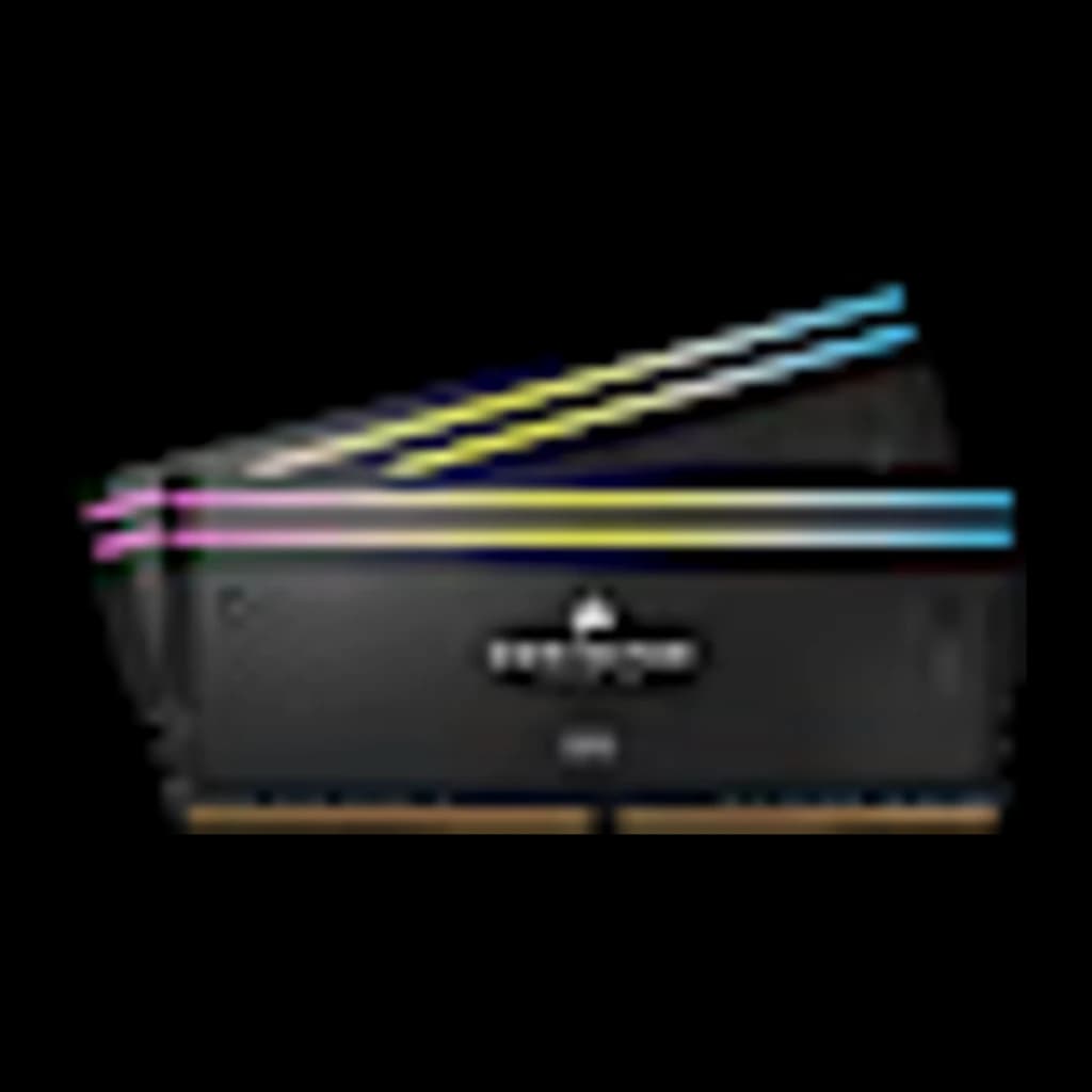 Corsair Dominator Titanium 32GB gris DDR5 6400MHz, vista frontal en ángulo: 2 módulos con iluminación RGB multicolor