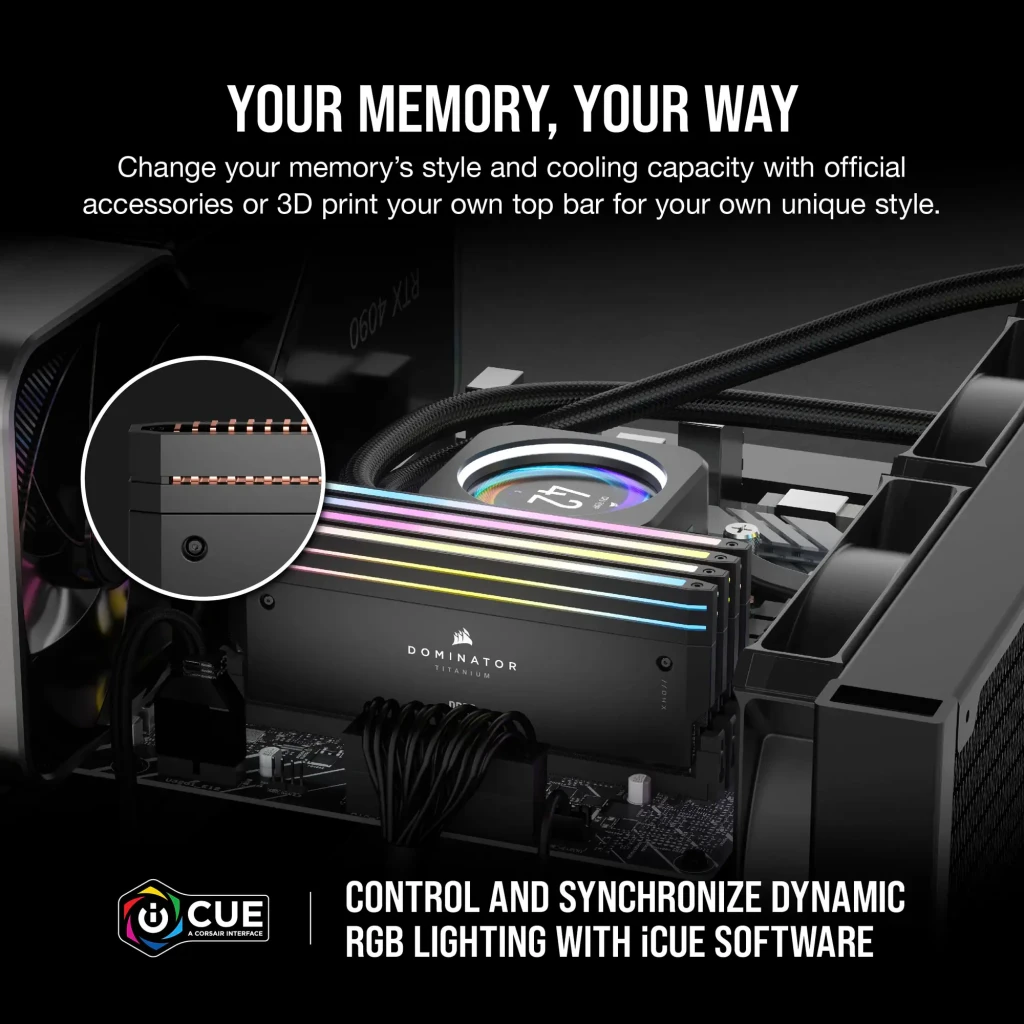 Corsair Dominator Titanium 32GB DDR5 6400MHz gris, vista frontal y superior: dos módulos con iluminación RGB y texto DDR5 - Ítem5