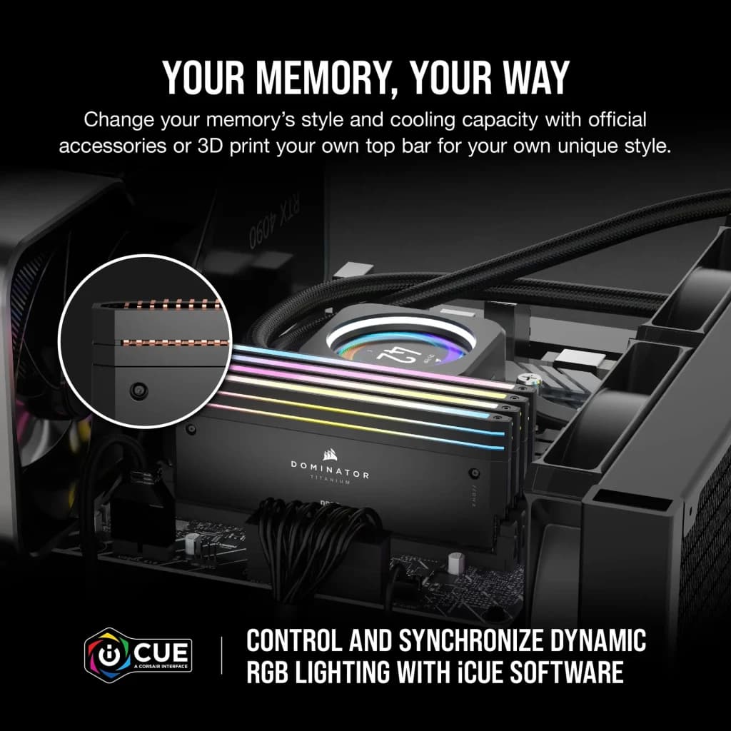 Corsair Dominator Titanium 32GB gris DDR5 6400MHz, instalado: módulos RGB en placa base con detalle de barra superior