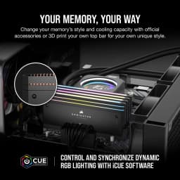 Corsair Dominator Titanium 32GB gris DDR5 6400MHz, instalado: módulos RGB en placa base con detalle de barra superior