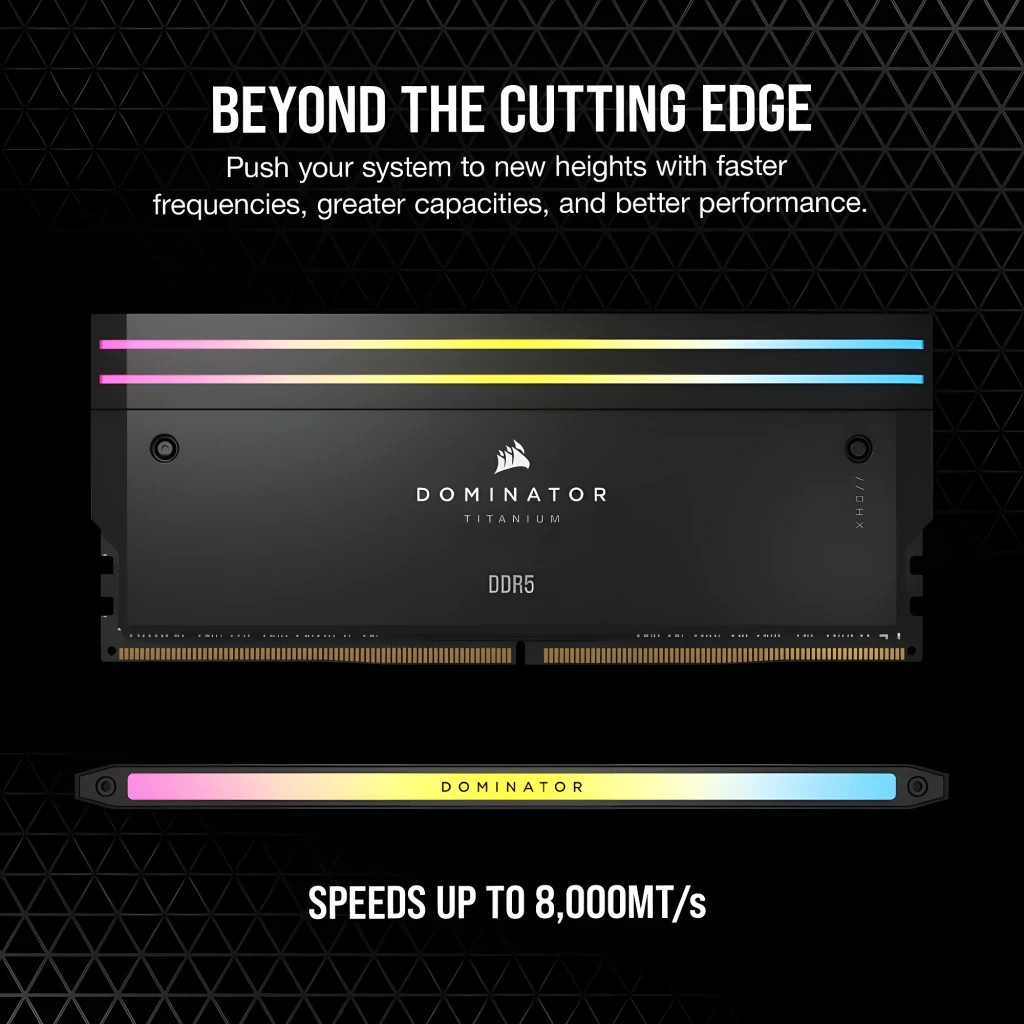 Corsair Dominator Titanium 32GB DDR5 6400MHz gris, vista frontal y superior: dos módulos con iluminación RGB y texto DDR5 - Ítem6