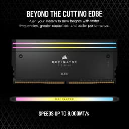 Corsair Dominator Titanium 32GB gris DDR5 6400MHz, banner: dos módulos frente y perfil con iluminación RGB y texto DDR5