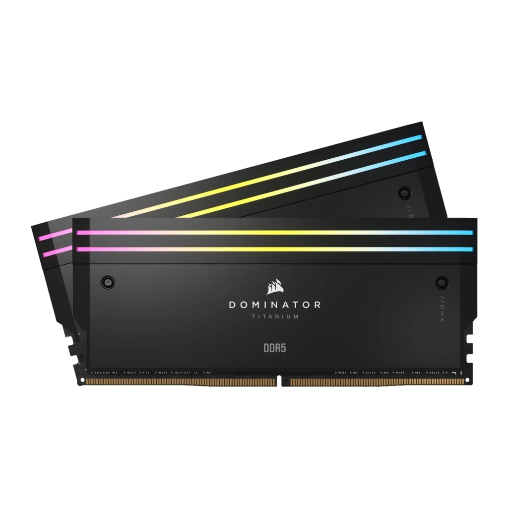 Corsair Dominator Titanium 32GB DDR5 6400MHz gris, vista frontal y superior: dos módulos con iluminación RGB y texto DDR5 - Ítem7