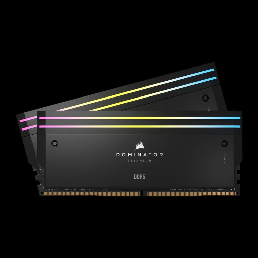 Corsair Dominator Titanium 32GB gris, vista frontal: dos módulos DDR5 negros con iluminación RGB multicolor en la parte