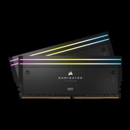 Corsair Dominator Titanium 32GB gris, vista frontal: dos módulos DDR5 negros con iluminación RGB multicolor en la parte