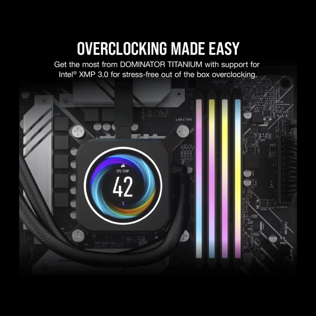 Corsair Dominator Titanium 32GB gris DDR5 6400MHz, lifestyle: módulos RGB instalados en placa base junto a refrigeración