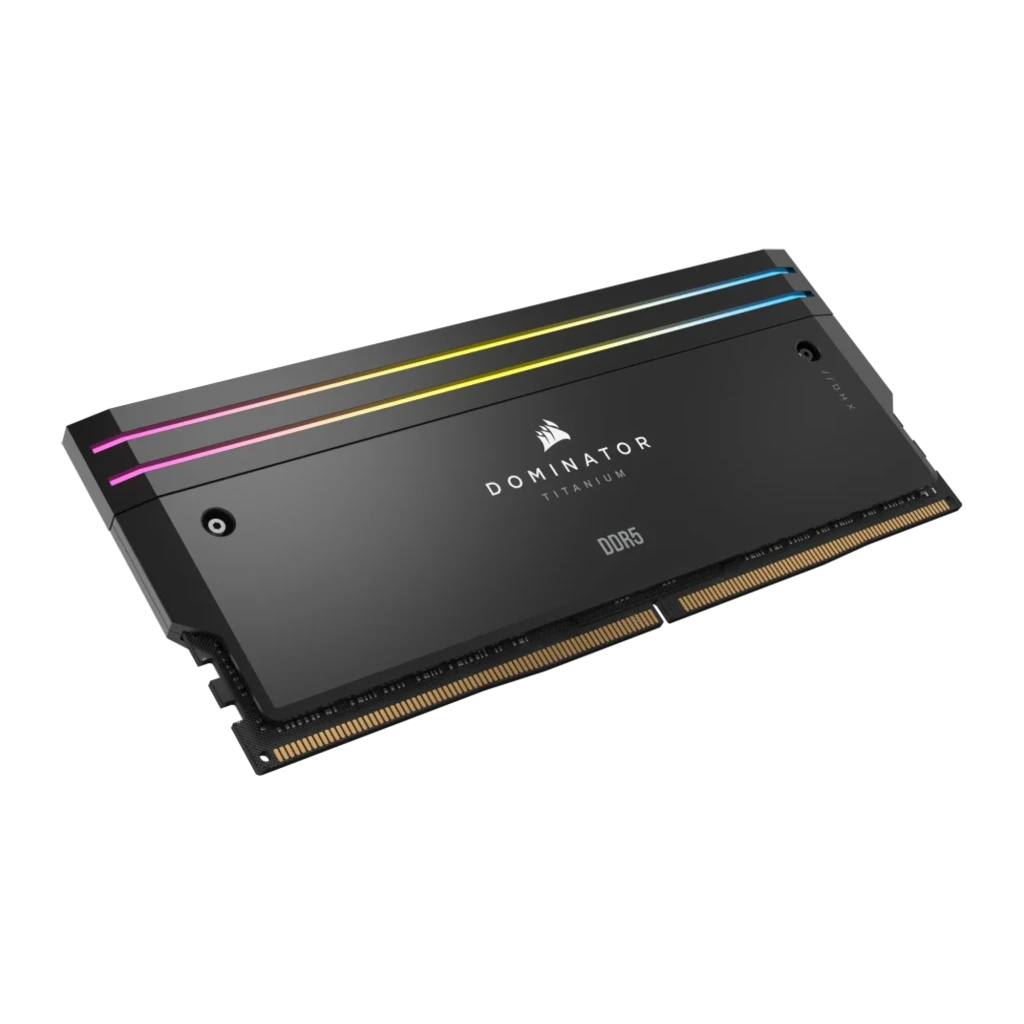 Corsair Dominator Titanium 48GB DDR5 cinza, vista principal: kit 2 módulos com iluminação RGB multicolor em dissipador preto - Item1