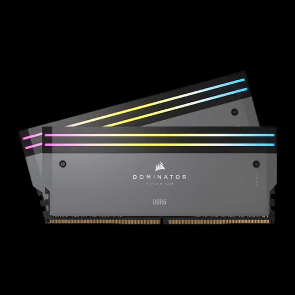 Corsair Dominator Titanium 64GB DDR5 6400MHz gris, vista frontal: 2 módulos con iluminación RGB diagonal y logo Dominator
