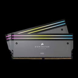 Corsair Dominator Titanium 64GB DDR5 6400MHz gris, vista frontal: 2 módulos con iluminación RGB diagonal y logo Dominator