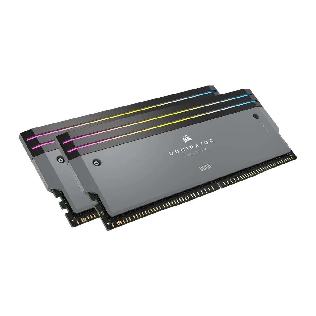 Corsair Dominator Titanium 48GB DDR5 6000MHz cinza, vista frontal: 2 módulos empilhados com iluminação RGB e dissipador cinza - Item1
