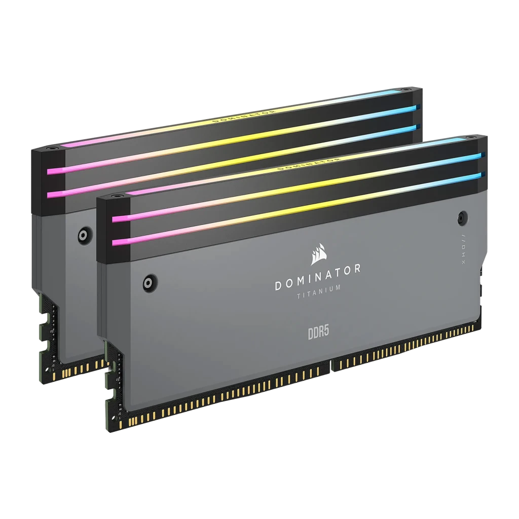 Corsair Dominator Titanium 48GB DDR5 6000MHz cinza, vista frontal: 2 módulos empilhados com iluminação RGB e dissipador cinza - Item2