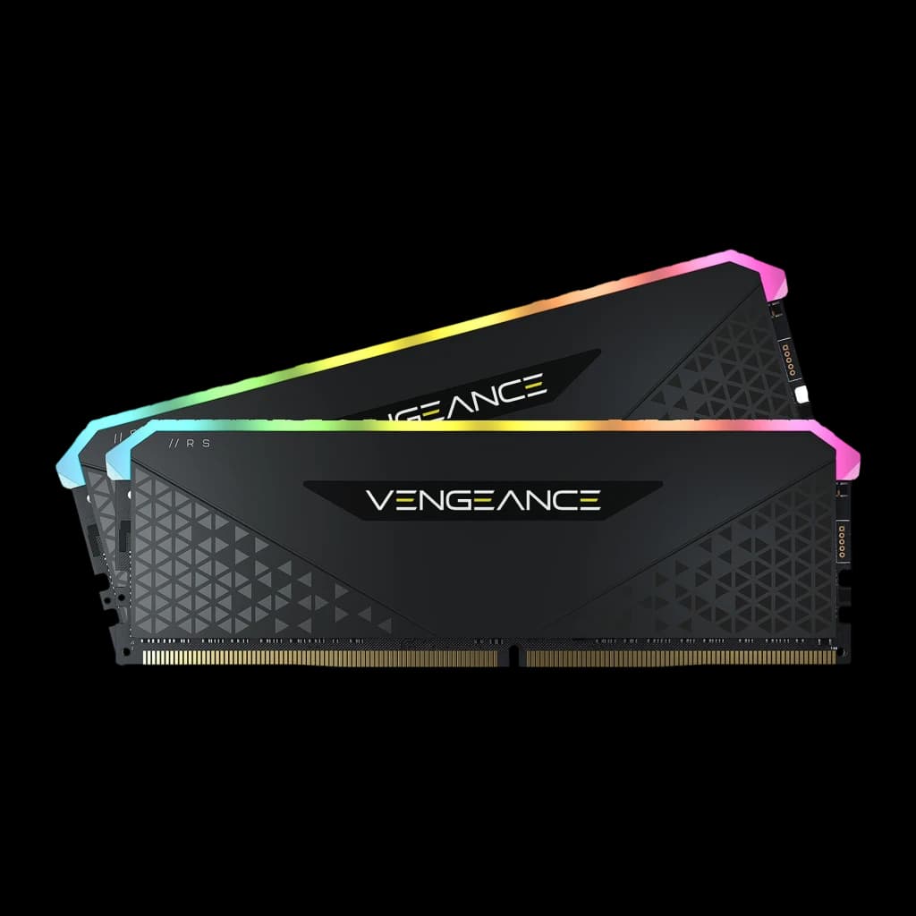 Corsair Vengeance RGB RS 16GB DDR4 3200MHz negro, vista frontal: dos módulos en escorzo, iluminación RGB en borde superior y