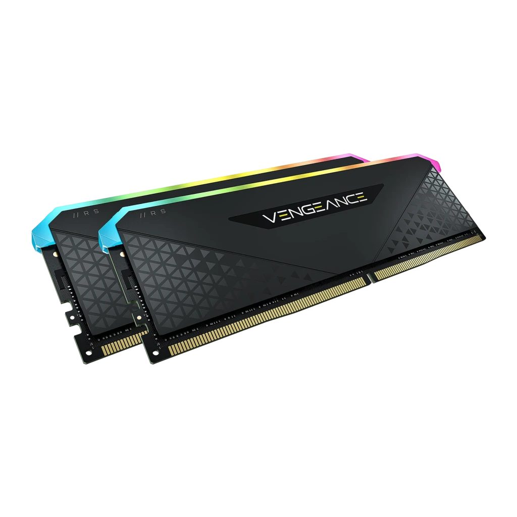 Corsair Vengeance RGB RS 16GB DDR4 3200MHz noir, vue de face: deux modules en raccourci, éclairage RGB sur le bord supérieur - Ítem1