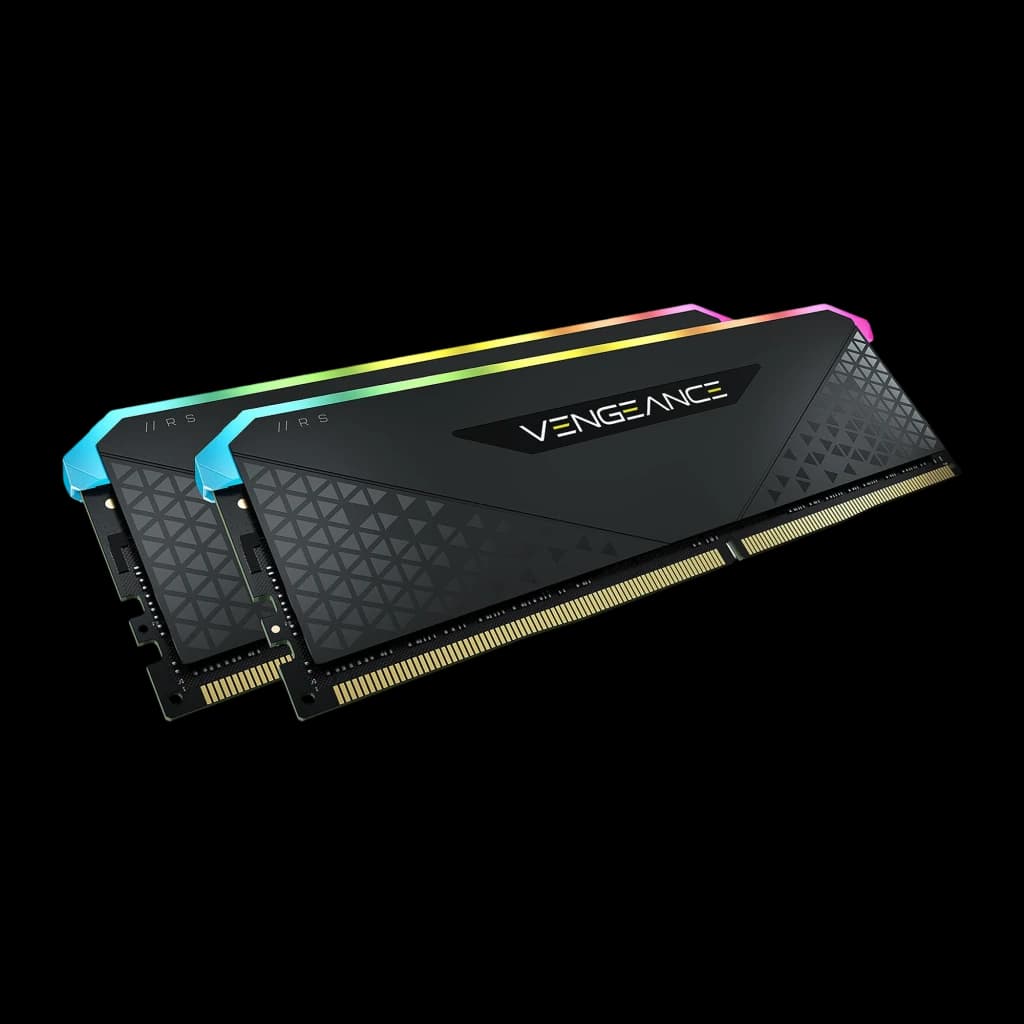 Corsair Vengeance RGB RS 16GB DDR4 3200MHz negro, vista lateral derecha: dos módulos en ángulo bajo, conector dorado y