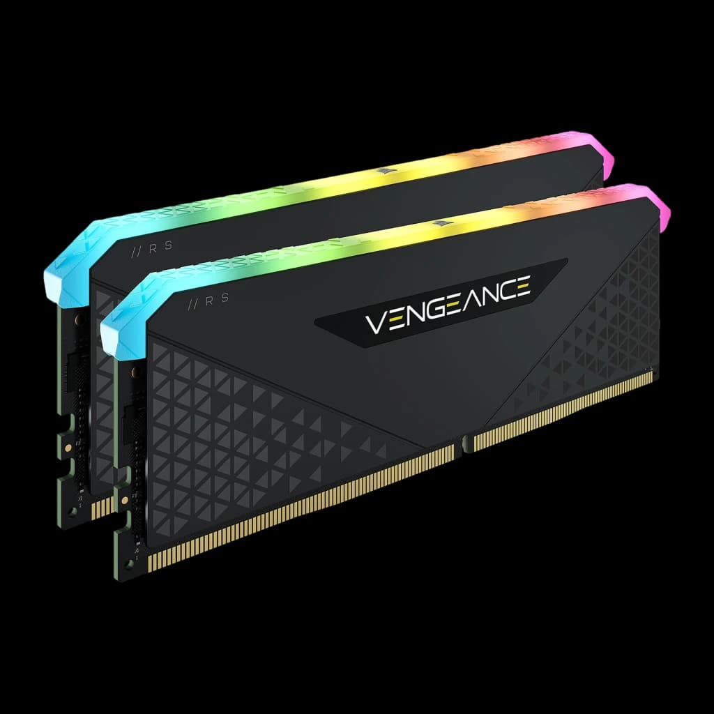 Corsair Vengeance RGB RS 16GB DDR4 3200MHz negro, vista lateral izquierda: dos módulos en ángulo elevado, iluminación RGB