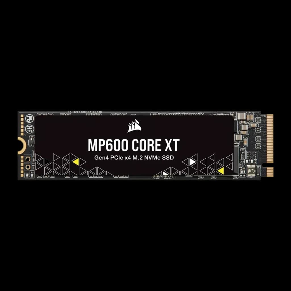 Corsair MP600 CORE XT 4TB preto, vista frontal: SSD M.2 horizontal, etiqueta com logo e padrão triangular amarelo