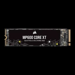 Corsair MP600 CORE XT 4TB preto, vista frontal: SSD M.2 horizontal, etiqueta com logo e padrão triangular amarelo