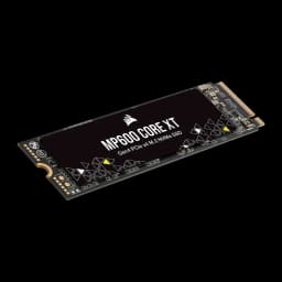 Corsair MP600 CORE XT 4TB preto, perspectiva lateral: SSD M.2 elevado mostrando espessura, PCB e conector M.2