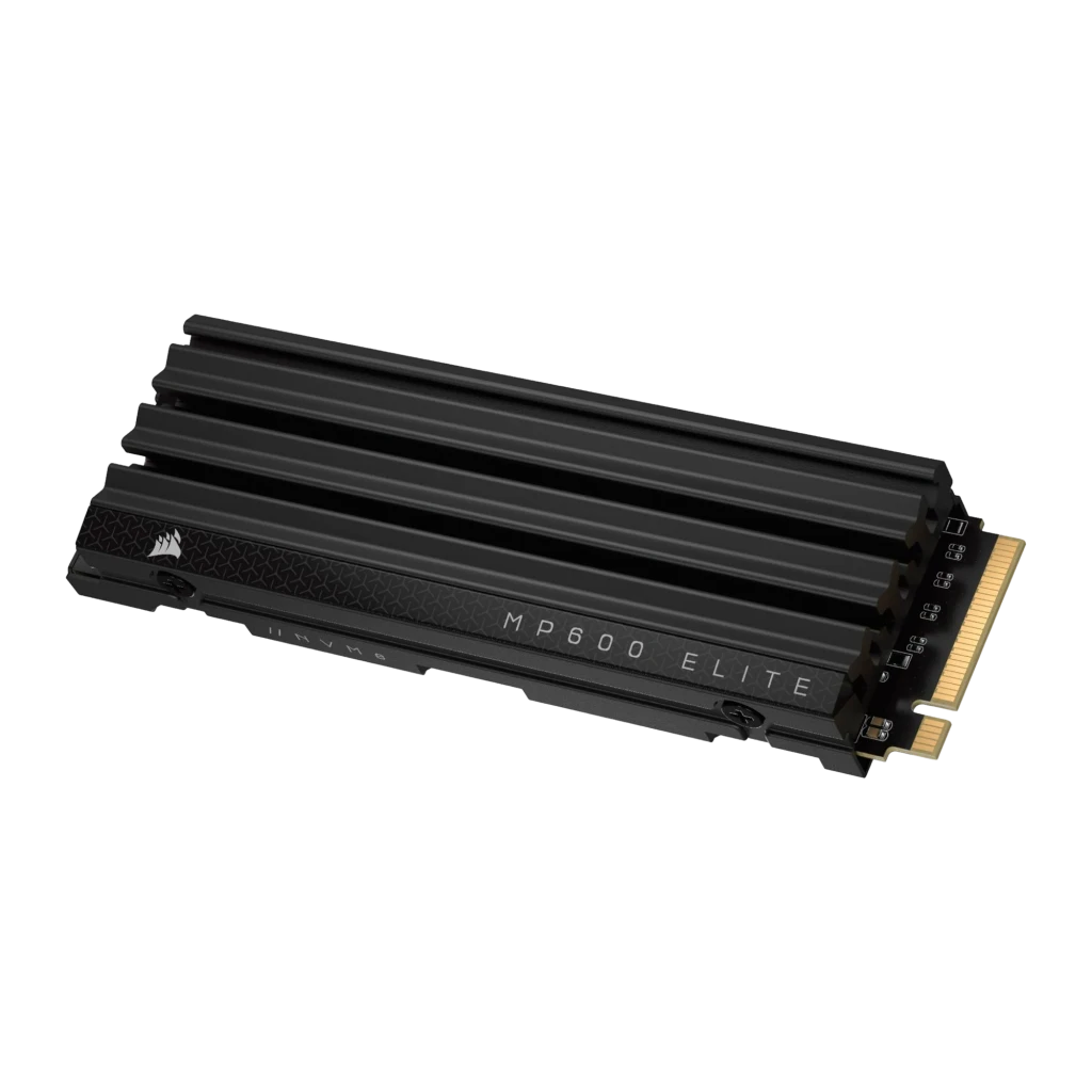 Corsair MP600 Elite 2TB noir, vue latérale: dissipateur à ailettes longitudinales, connecteur M.2 doré et logo MP600 ELITE - Ítem1