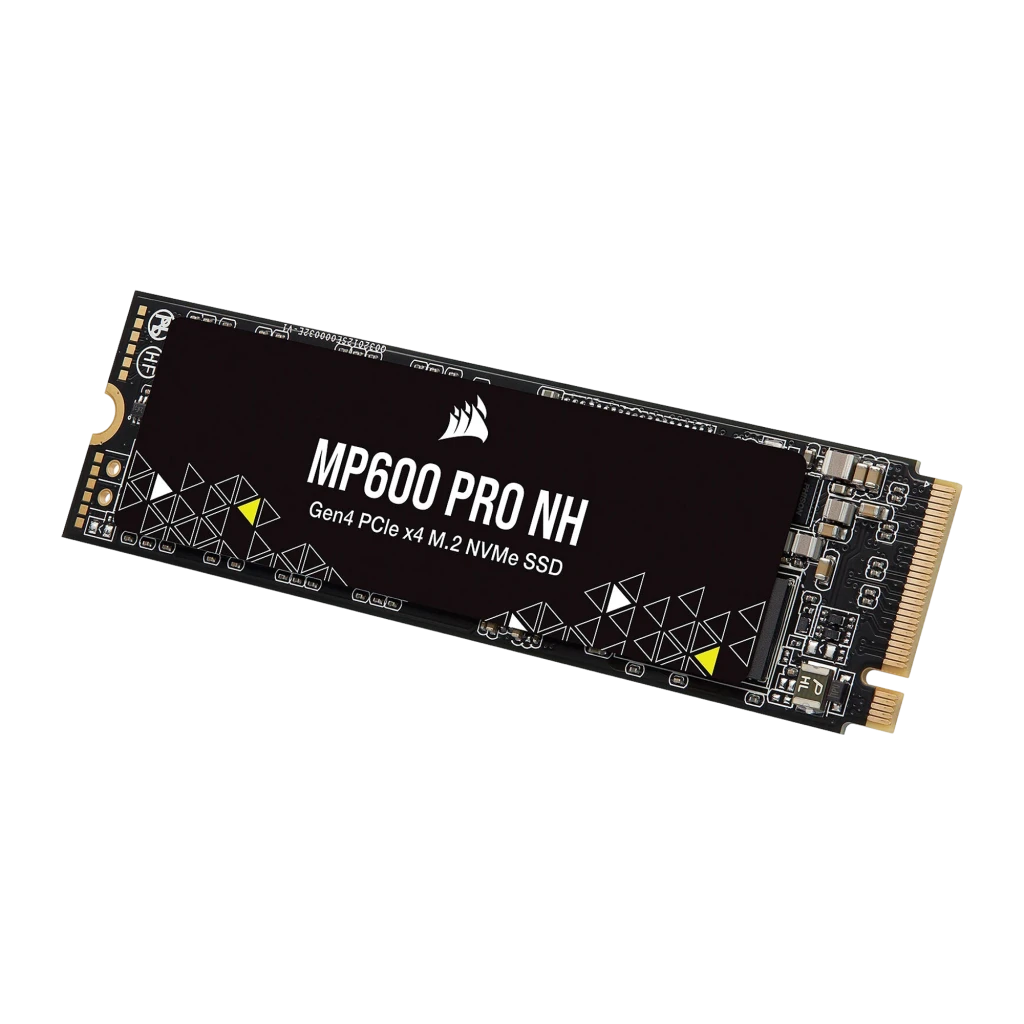 Corsair MP600 PRO NH 1TB noir, vue de face: PCB noir avec logo, motif triangulaire et connecteur M.2 doré - Ítem1