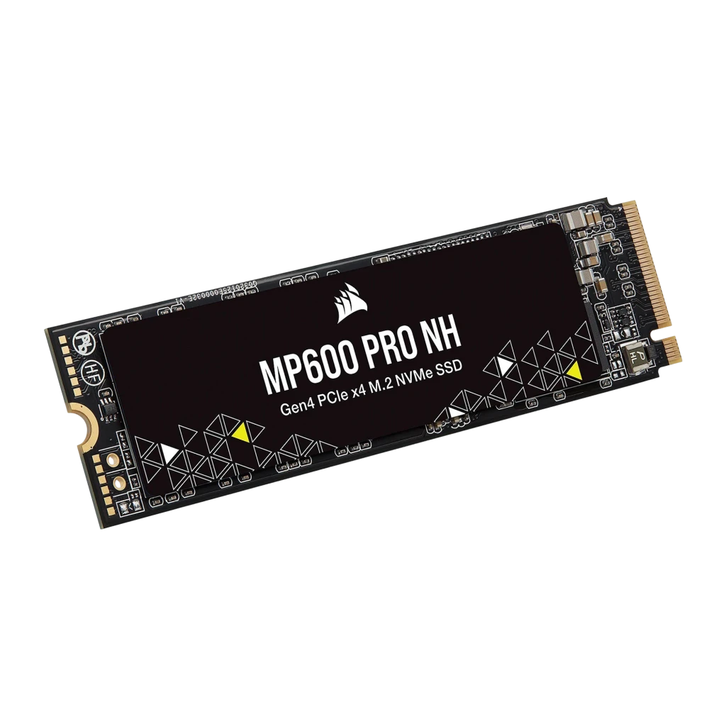Corsair MP600 PRO NH 1TB noir, vue de face: PCB noir avec logo, motif triangulaire et connecteur M.2 doré - Ítem2