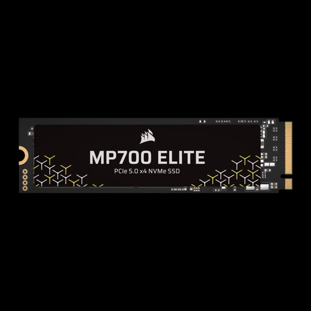 Corsair MP700 Elite 2TB preto, vista frontal: SSD M.2 horizontal com logo, padrão geométrico amarelo e conector dourado