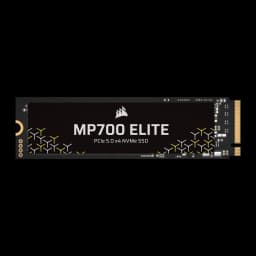Corsair MP700 Elite 2TB preto, vista frontal: SSD M.2 horizontal com logo, padrão geométrico amarelo e conector dourado