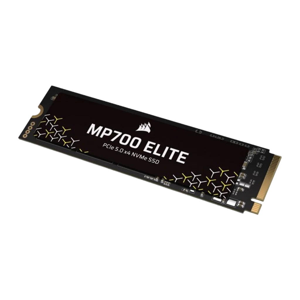 Corsair MP700 Elite 2TB noir, vue de face: SSD M.2 horizontal avec logo, motif géométrique jaune et connecteur doré - Ítem1